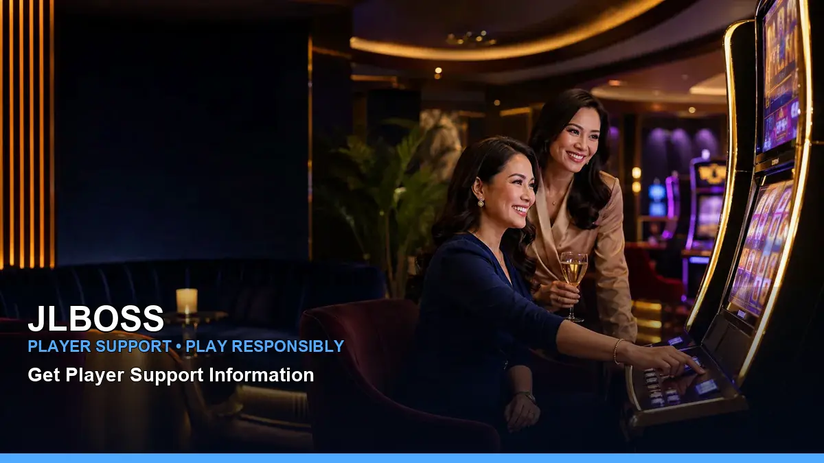 JLBOSS VIP casino rewards guide featuring a Filipina casino host in a vibrant gaming setting